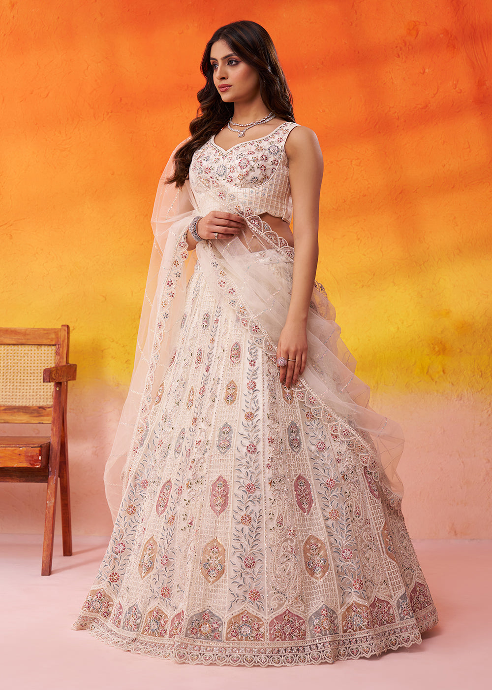 Buy Now Cream Flared Embroidered Festive Lehenga Choli Online in US, UK, Canada, France, Germany, Sweden, Greece, Denmark, UAE, Maldives & Worldwide at Empress.