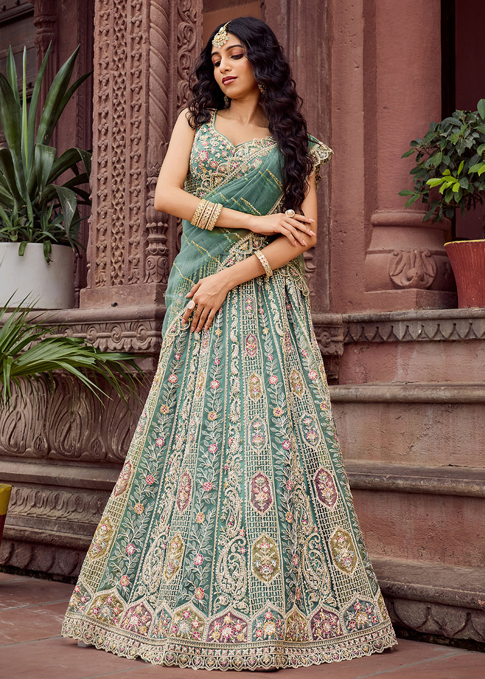 Buy Now Lime Green Flared Embroidered Festive Lehenga Choli Online in US, UK, Canada, France, Germany, Sweden, Greece, Denmark, UAE & Worldwide at Empress.
