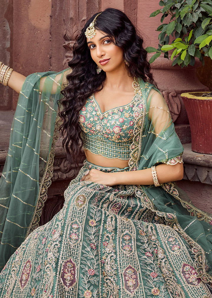 Buy Now Lime Green Flared Embroidered Festive Lehenga Choli Online in US, UK, Canada, France, Germany, Sweden, Greece, Denmark, UAE & Worldwide at Empress.