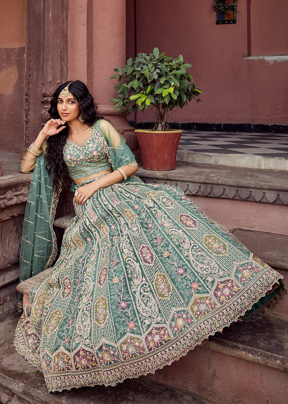 Buy Now Lime Green Flared Embroidered Festive Lehenga Choli Online in US, UK, Canada, France, Germany, Sweden, Greece, Denmark, UAE & Worldwide at Empress.
