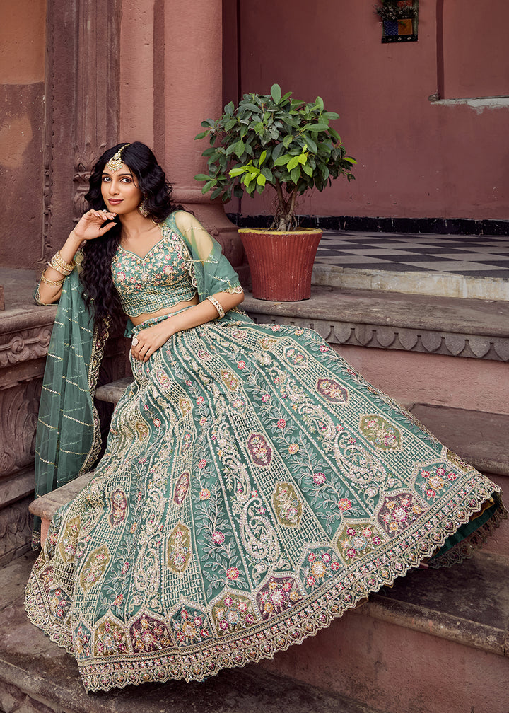 Buy Now Lime Green Flared Embroidered Festive Lehenga Choli Online in US, UK, Canada, France, Germany, Sweden, Greece, Denmark, UAE & Worldwide at Empress.