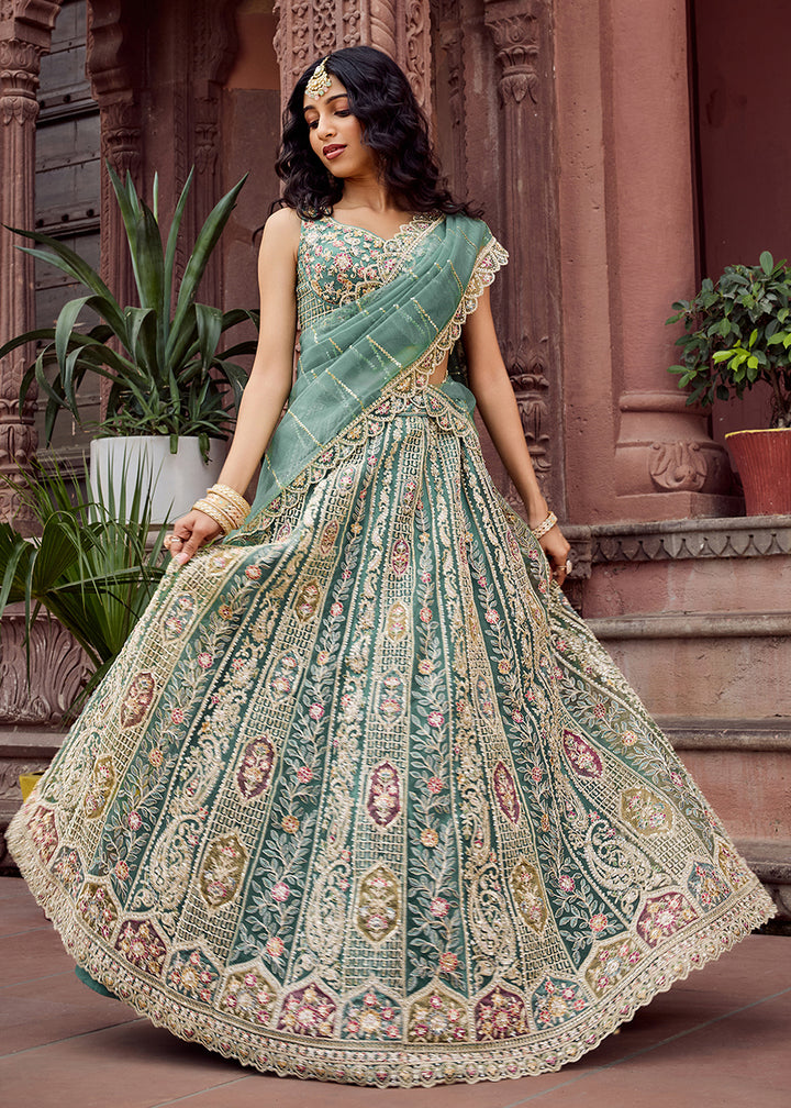 Buy Now Lime Green Flared Embroidered Festive Lehenga Choli Online in US, UK, Canada, France, Germany, Sweden, Greece, Denmark, UAE & Worldwide at Empress.