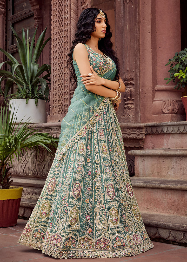 Buy Now Lime Green Flared Embroidered Festive Lehenga Choli Online in US, UK, Canada, France, Germany, Sweden, Greece, Denmark, UAE & Worldwide at Empress.