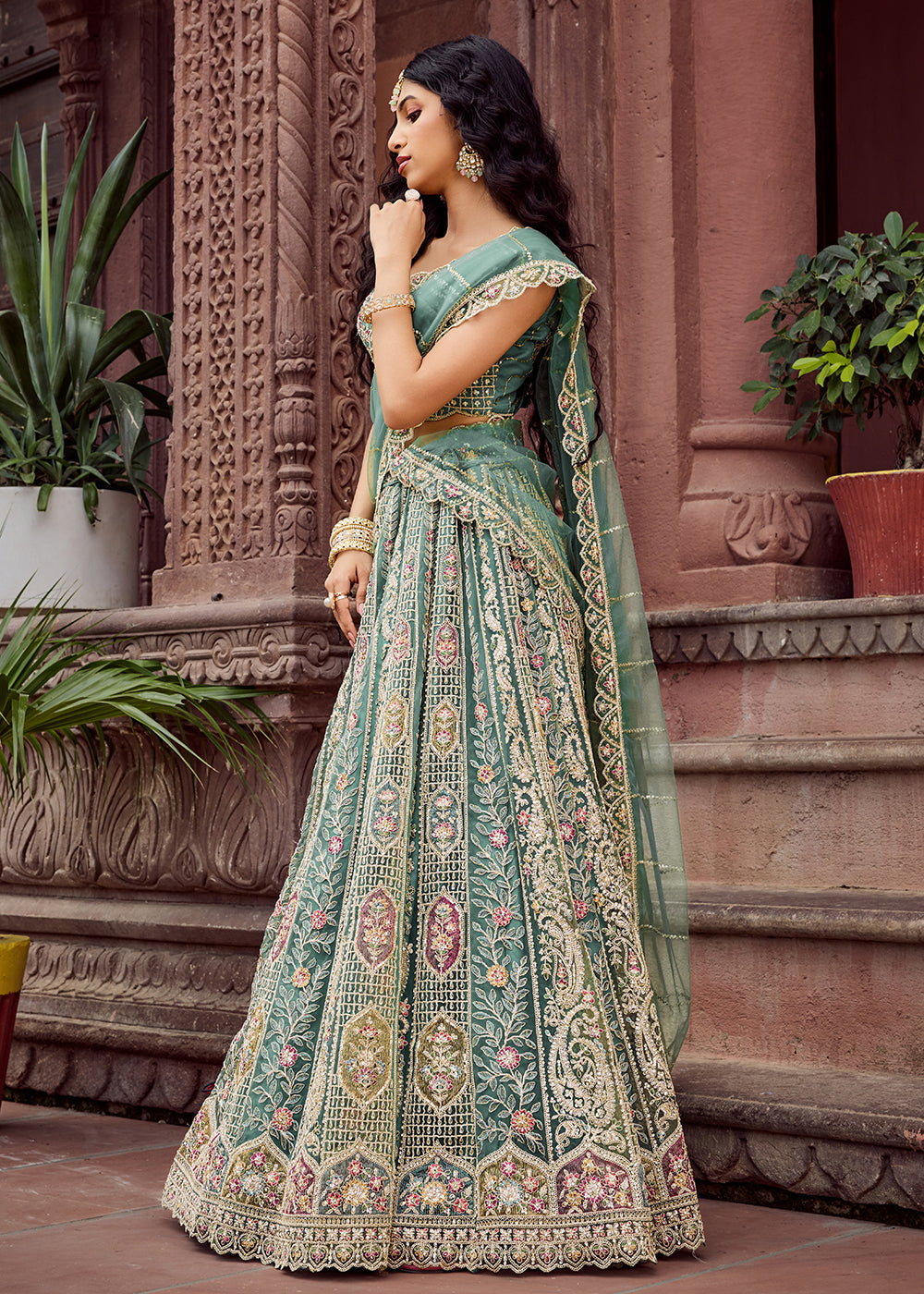 Buy Now Lime Green Flared Embroidered Festive Lehenga Choli Online in US, UK, Canada, France, Germany, Sweden, Greece, Denmark, UAE & Worldwide at Empress.