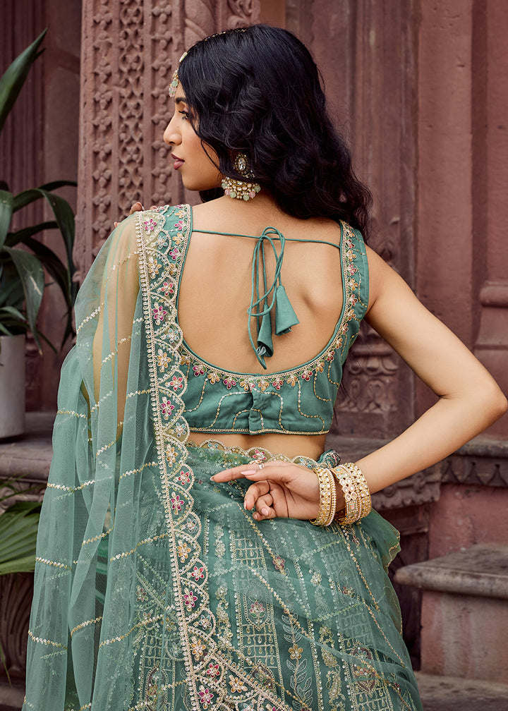 Buy Now Lime Green Flared Embroidered Festive Lehenga Choli Online in US, UK, Canada, France, Germany, Sweden, Greece, Denmark, UAE & Worldwide at Empress.