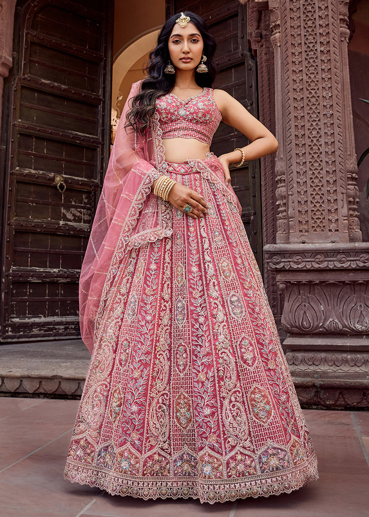 Buy Now Rose Gold Flared Embroidered Festive Lehenga Choli Online in US, UK, Canada, France, Germany, Sweden, Greece, Denmark, UAE & Worldwide at Empress.