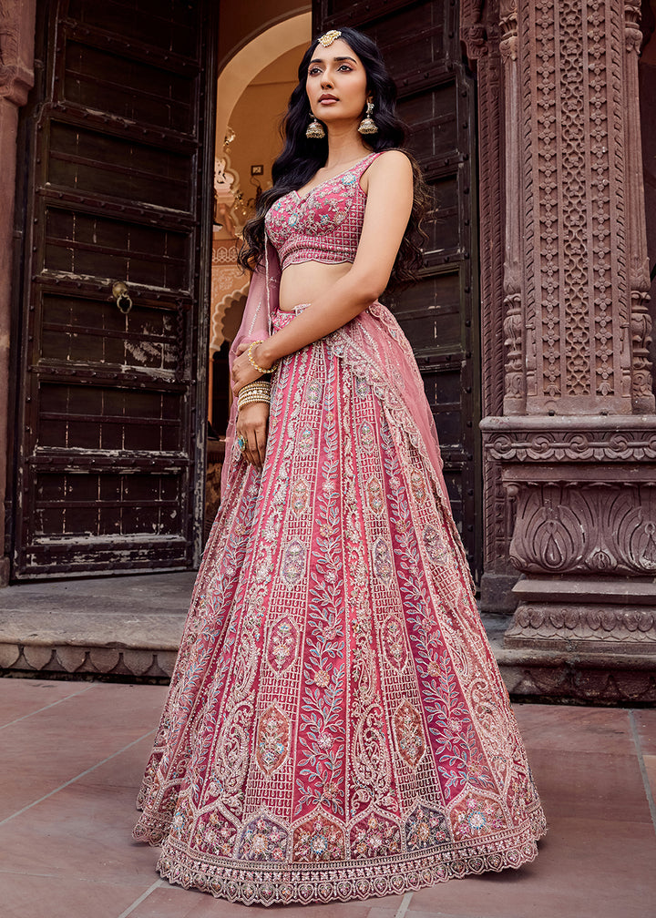 Buy Now Rose Gold Flared Embroidered Festive Lehenga Choli Online in US, UK, Canada, France, Germany, Sweden, Greece, Denmark, UAE & Worldwide at Empress.