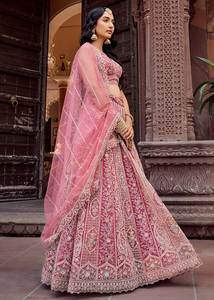 Buy Now Rose Gold Flared Embroidered Festive Lehenga Choli Online in US, UK, Canada, France, Germany, Sweden, Greece, Denmark, UAE & Worldwide at Empress.