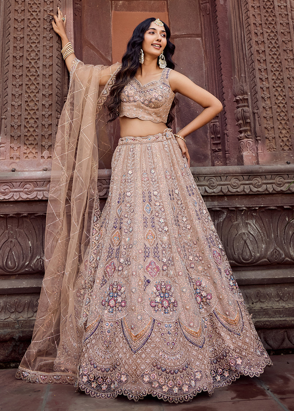 Buy Now Net Fabric Sequins Work Beige Wedding Lehenga Choli Online in US, UK, Canada, France, Germany, Sweden, Greece, Denmark, UAE & Worldwide at Empress.