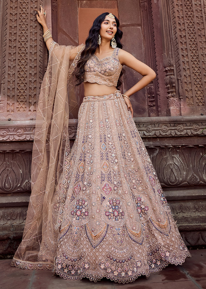 Buy Now Net Fabric Sequins Work Beige Wedding Lehenga Choli Online in US, UK, Canada, France, Germany, Sweden, Greece, Denmark, UAE & Worldwide at Empress.