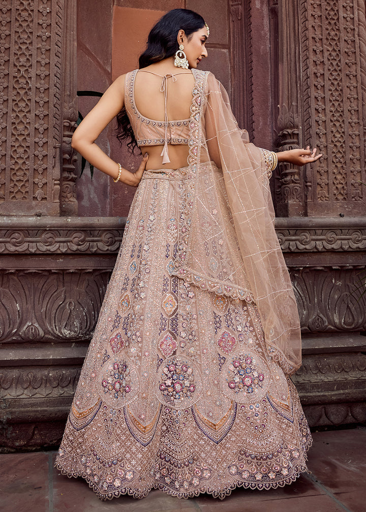 Buy Now Net Fabric Sequins Work Beige Wedding Lehenga Choli Online in US, UK, Canada, France, Germany, Sweden, Greece, Denmark, UAE & Worldwide at Empress.