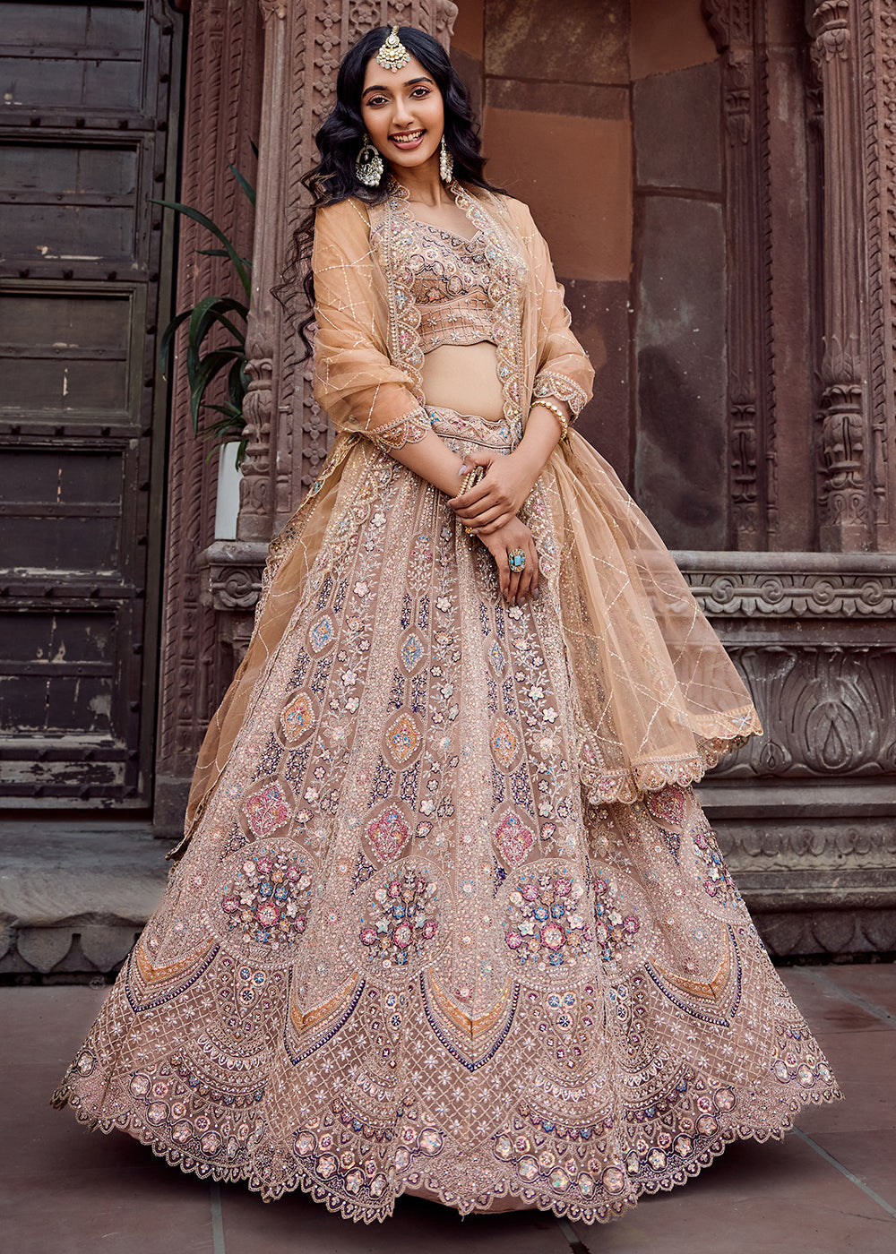 Buy Now Net Fabric Sequins Work Beige Wedding Lehenga Choli Online in US, UK, Canada, France, Germany, Sweden, Greece, Denmark, UAE & Worldwide at Empress.