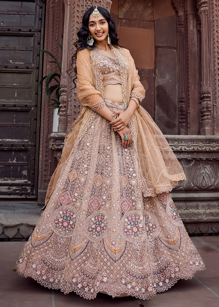 Buy Now Net Fabric Sequins Work Beige Wedding Lehenga Choli Online in US, UK, Canada, France, Germany, Sweden, Greece, Denmark, UAE & Worldwide at Empress.