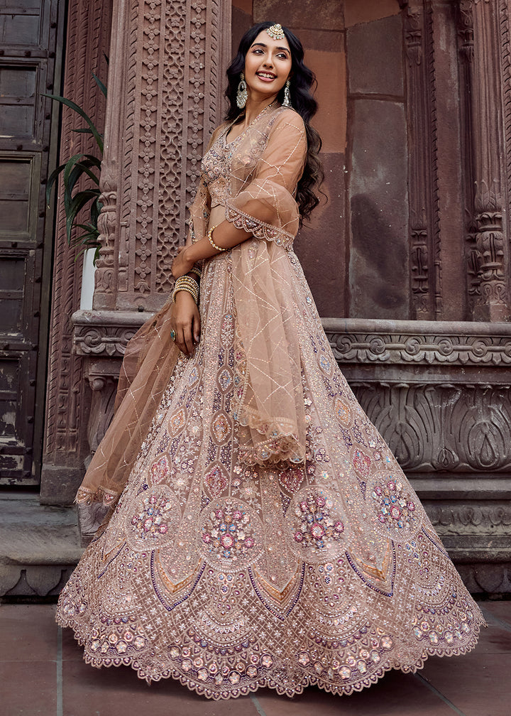 Buy Now Net Fabric Sequins Work Beige Wedding Lehenga Choli Online in US, UK, Canada, France, Germany, Sweden, Greece, Denmark, UAE & Worldwide at Empress.