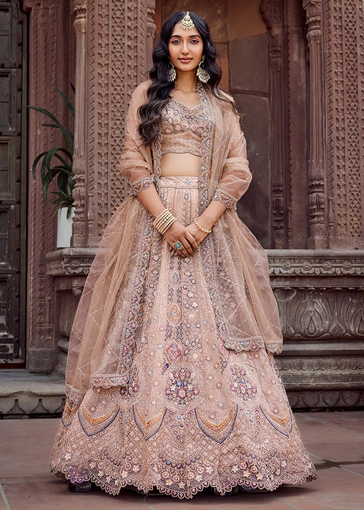 Buy Now Net Fabric Sequins Work Beige Wedding Lehenga Choli Online in US, UK, Canada, France, Germany, Sweden, Greece, Denmark, UAE & Worldwide at Empress.