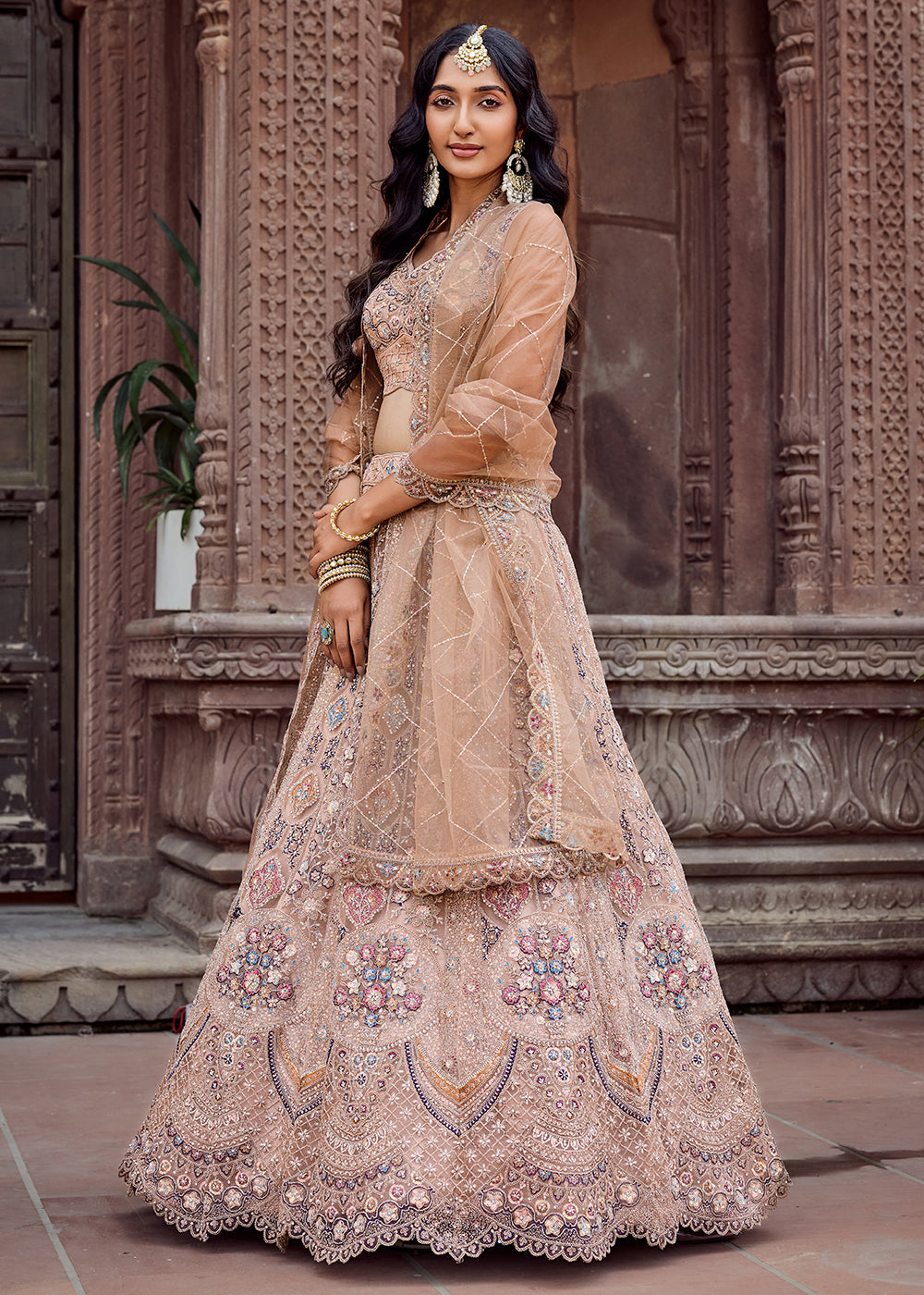 Buy Now Net Fabric Sequins Work Beige Wedding Lehenga Choli Online in US, UK, Canada, France, Germany, Sweden, Greece, Denmark, UAE & Worldwide at Empress.
