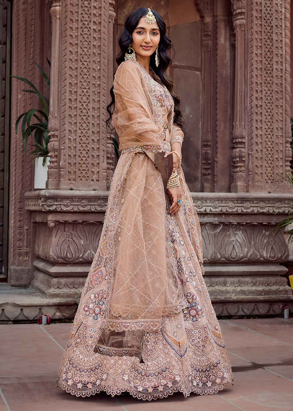 Buy Now Net Fabric Sequins Work Beige Wedding Lehenga Choli Online in US, UK, Canada, France, Germany, Sweden, Greece, Denmark, UAE & Worldwide at Empress.