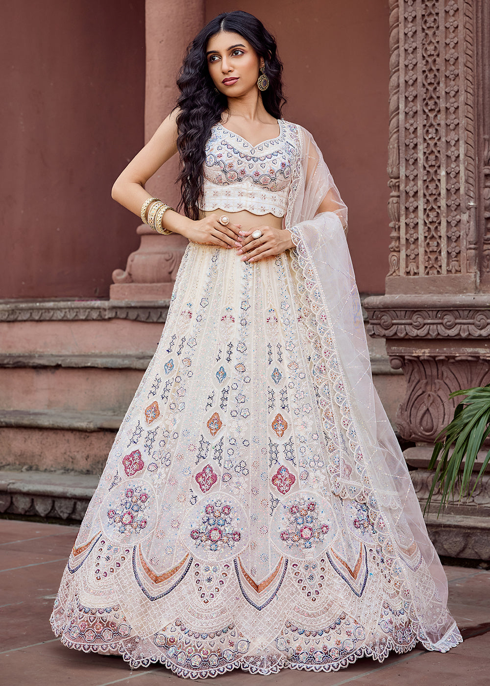 Buy Now Net Fabric Sequins Work Cream Wedding Lehenga Choli Online in US, UK, Canada, France, Germany, Sweden, Greece, Denmark, UAE & Worldwide at Empress.
