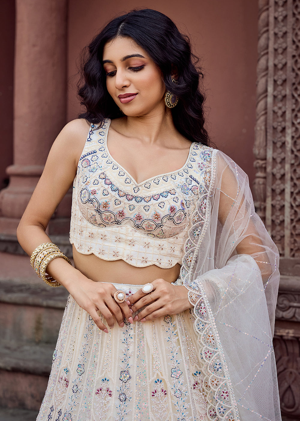 Buy Now Net Fabric Sequins Work Cream Wedding Lehenga Choli Online in US, UK, Canada, France, Germany, Sweden, Greece, Denmark, UAE & Worldwide at Empress.
