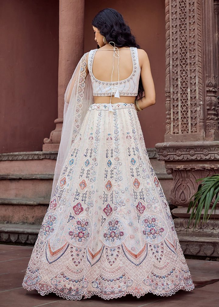 Buy Now Net Fabric Sequins Work Cream Wedding Lehenga Choli Online in US, UK, Canada, France, Germany, Sweden, Greece, Denmark, UAE & Worldwide at Empress.