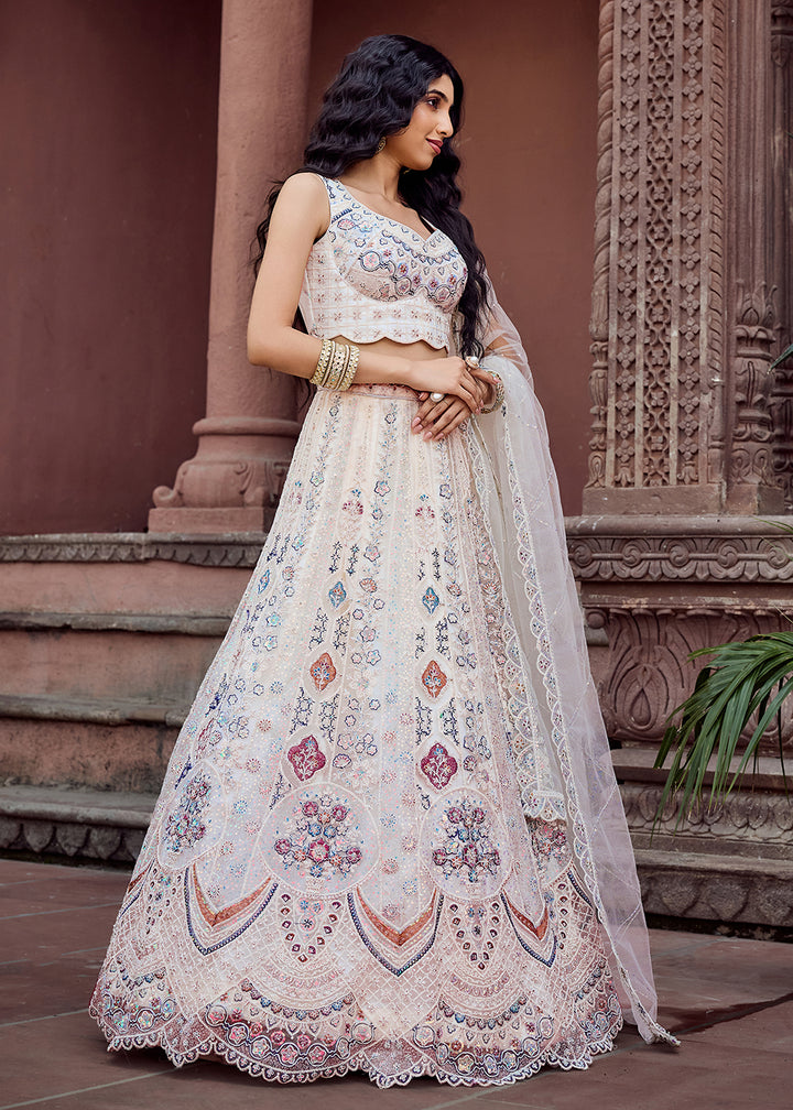 Buy Now Net Fabric Sequins Work Cream Wedding Lehenga Choli Online in US, UK, Canada, France, Germany, Sweden, Greece, Denmark, UAE & Worldwide at Empress.