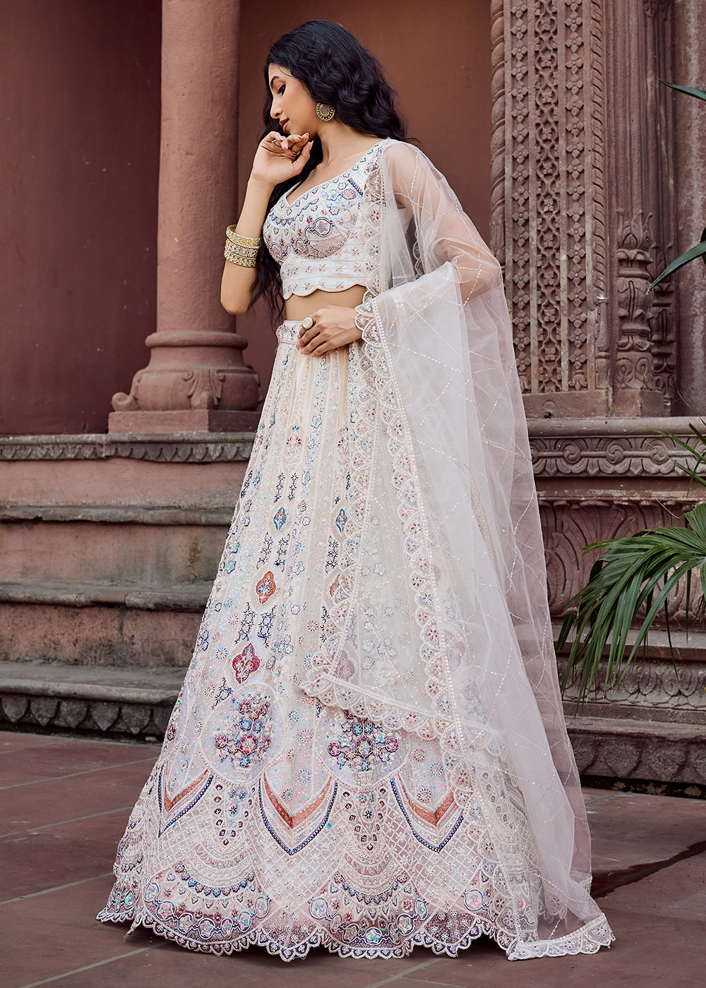 Buy Now Net Fabric Sequins Work Cream Wedding Lehenga Choli Online in US, UK, Canada, France, Germany, Sweden, Greece, Denmark, UAE & Worldwide at Empress.