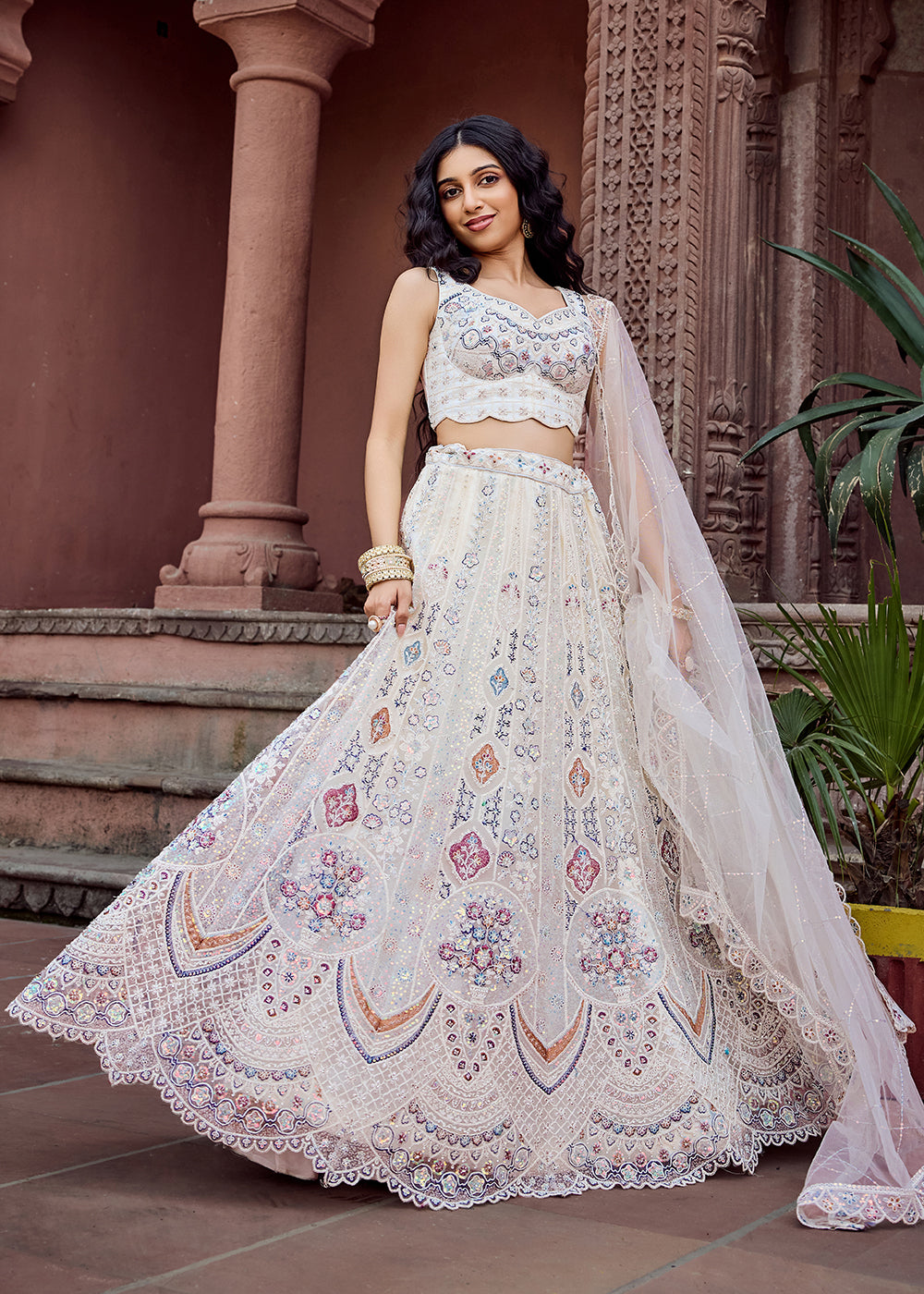 Buy Now Net Fabric Sequins Work Cream Wedding Lehenga Choli Online in US, UK, Canada, France, Germany, Sweden, Greece, Denmark, UAE & Worldwide at Empress.