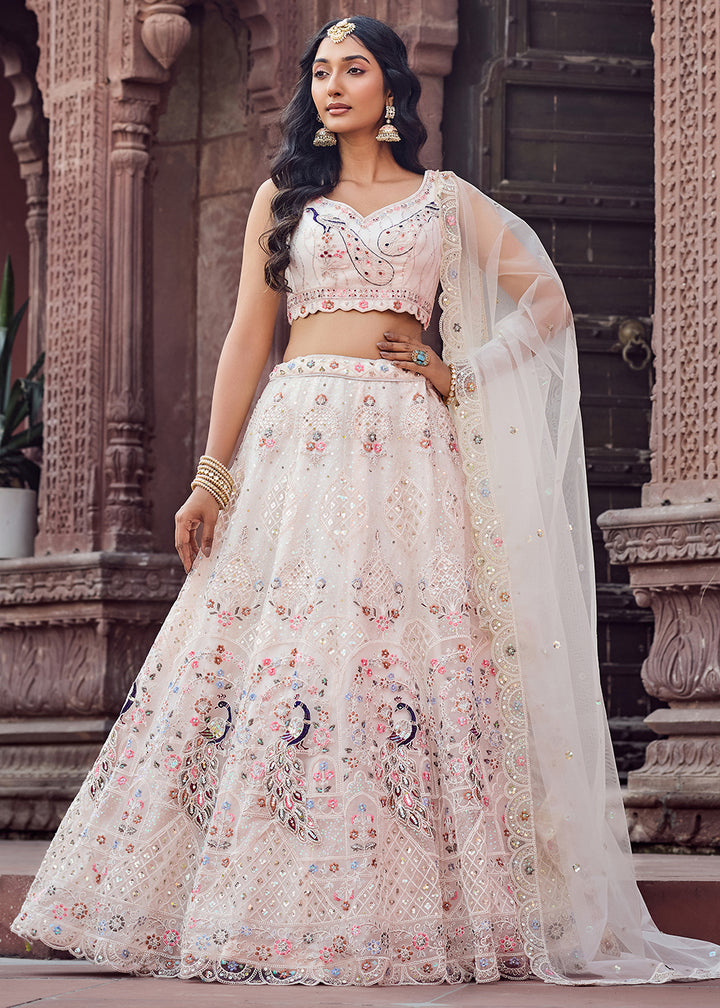 Buy Now Net Fabric Stone Work Cream Wedding Lehenga Choli Online in US, UK, Canada, France, Germany, Sweden, Greece, Denmark, UAE & Worldwide at Empress.
