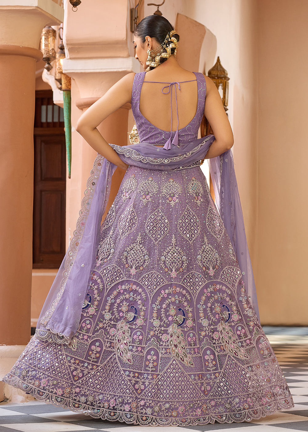 Buy Now Net Fabric Stone Work Mauve Wedding Lehenga Choli Online in US, UK, Canada, France, Germany, Sweden, Greece, Denmark, UAE & Worldwide at Empress.