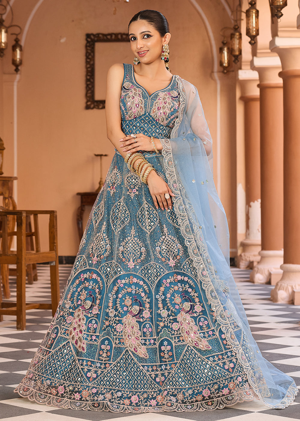 Buy Now Net Fabric Stone Work Teal Wedding Lehenga Choli Online in US, UK, Canada, France, Germany, Sweden, Greece, Denmark, UAE & Worldwide at Empress.