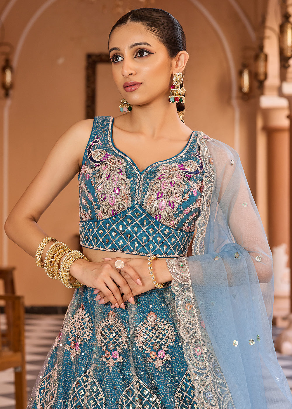 Buy Now Net Fabric Stone Work Teal Wedding Lehenga Choli Online in US, UK, Canada, France, Germany, Sweden, Greece, Denmark, UAE & Worldwide at Empress.