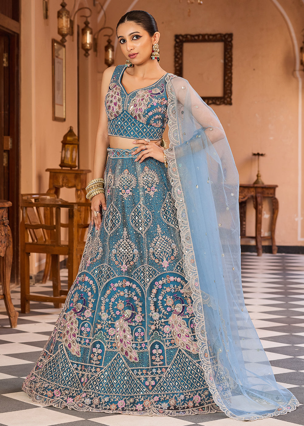 Buy Now Net Fabric Stone Work Teal Wedding Lehenga Choli Online in US, UK, Canada, France, Germany, Sweden, Greece, Denmark, UAE & Worldwide at Empress.