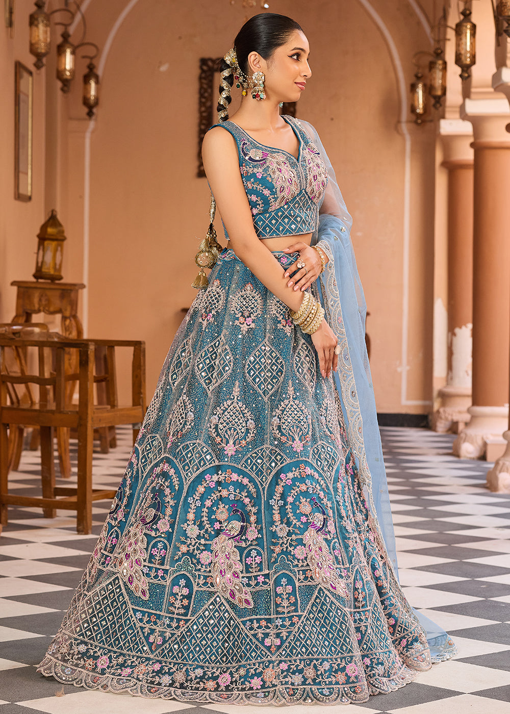 Buy Now Net Fabric Stone Work Teal Wedding Lehenga Choli Online in US, UK, Canada, France, Germany, Sweden, Greece, Denmark, UAE & Worldwide at Empress.