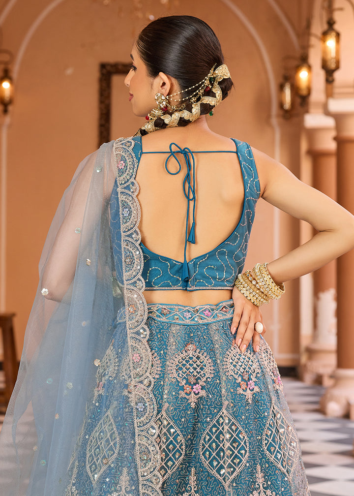 Net Fabric Stone Work Teal Wedding Lehenga Choli