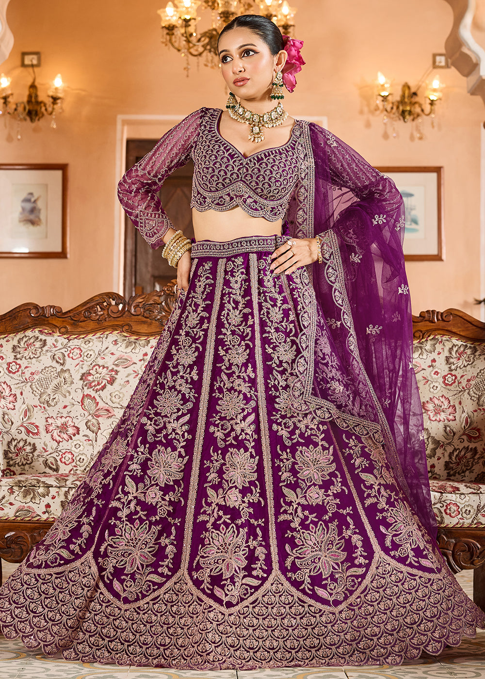 Buy Now Burgundy Color with Heavy Embroidery Lehenga Choli Online in US, UK, Canada, France, Germany, Sweden, Greece, Denmark, Spain, UAE & Worldwide at Empress.