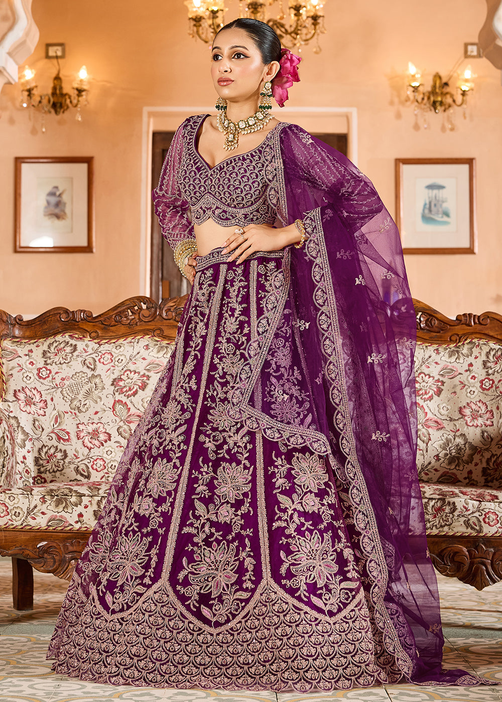 Buy Now Burgundy Color with Heavy Embroidery Lehenga Choli Online in US, UK, Canada, France, Germany, Sweden, Greece, Denmark, Spain, UAE & Worldwide at Empress.