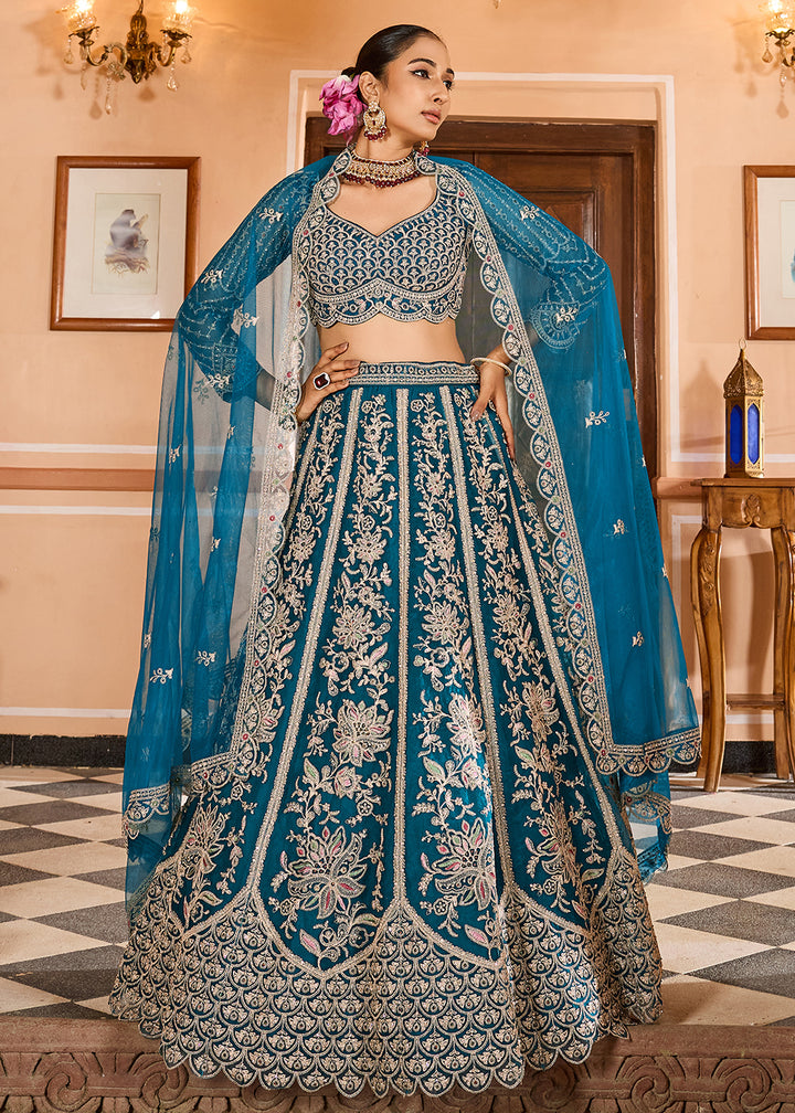 Buy Now Teal Color with Heavy Embroidery Lehenga Choli Online in US, UK, Canada, France, Germany, Sweden, Greece, Denmark, Spain, UAE & Worldwide at Empress