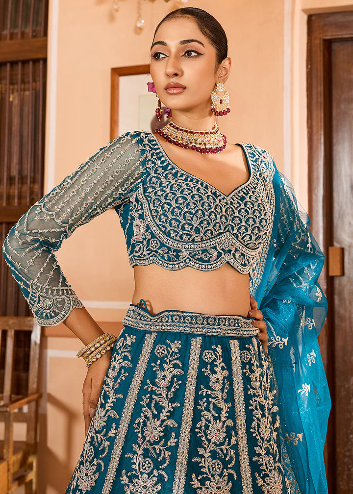 Buy Now Teal Color with Heavy Embroidery Lehenga Choli Online in US, UK, Canada, France, Germany, Sweden, Greece, Denmark, Spain, UAE & Worldwide at Empress
