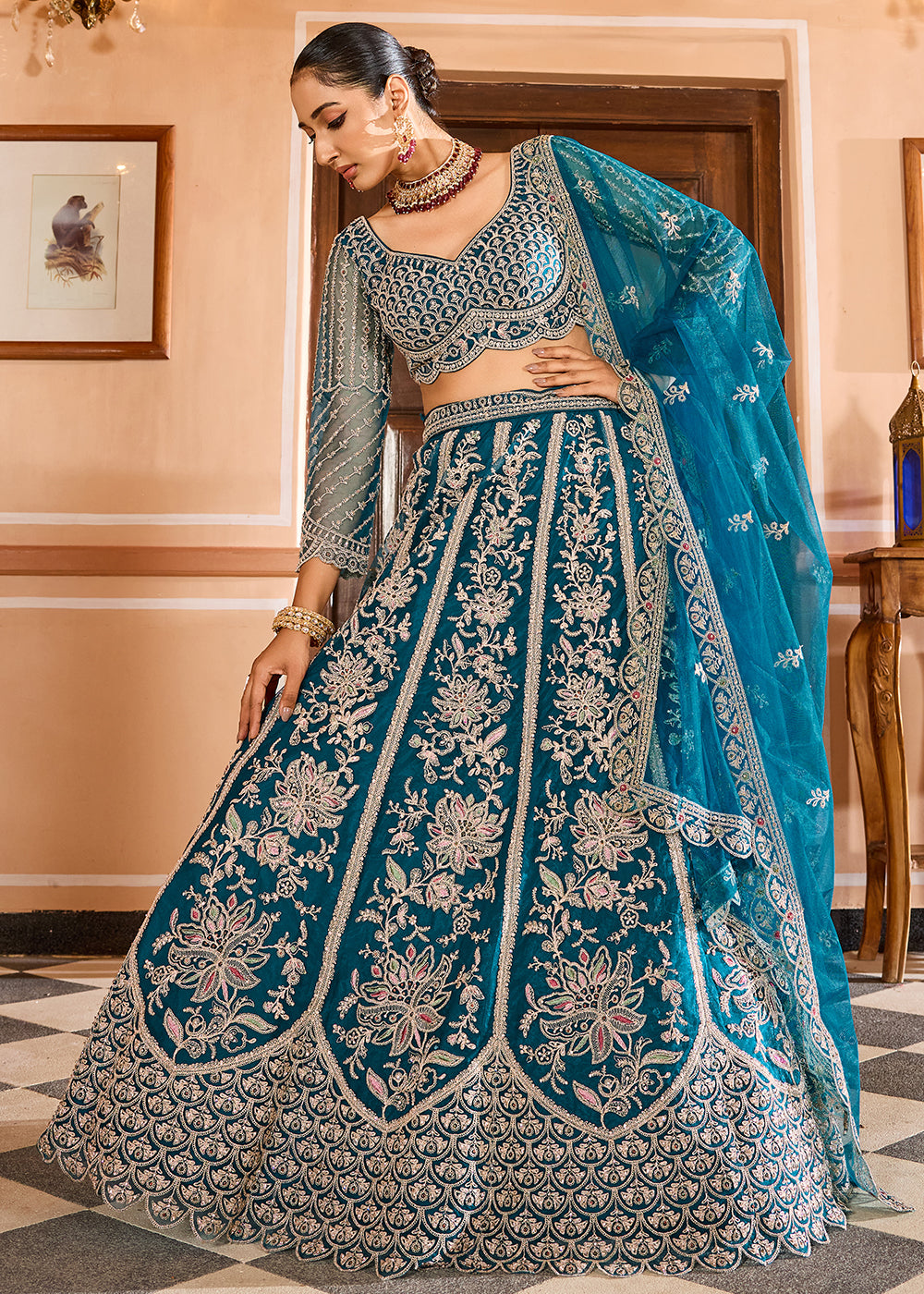 Buy Now Teal Color with Heavy Embroidery Lehenga Choli Online in US, UK, Canada, France, Germany, Sweden, Greece, Denmark, Spain, UAE & Worldwide at Empress