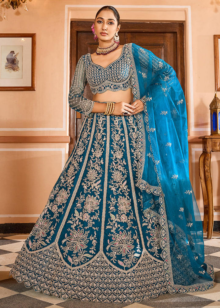 Buy Now Teal Color with Heavy Embroidery Lehenga Choli Online in US, UK, Canada, France, Germany, Sweden, Greece, Denmark, Spain, UAE & Worldwide at Empress