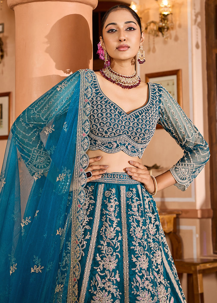 Buy Now Teal Color with Heavy Embroidery Lehenga Choli Online in US, UK, Canada, France, Germany, Sweden, Greece, Denmark, Spain, UAE & Worldwide at Empress