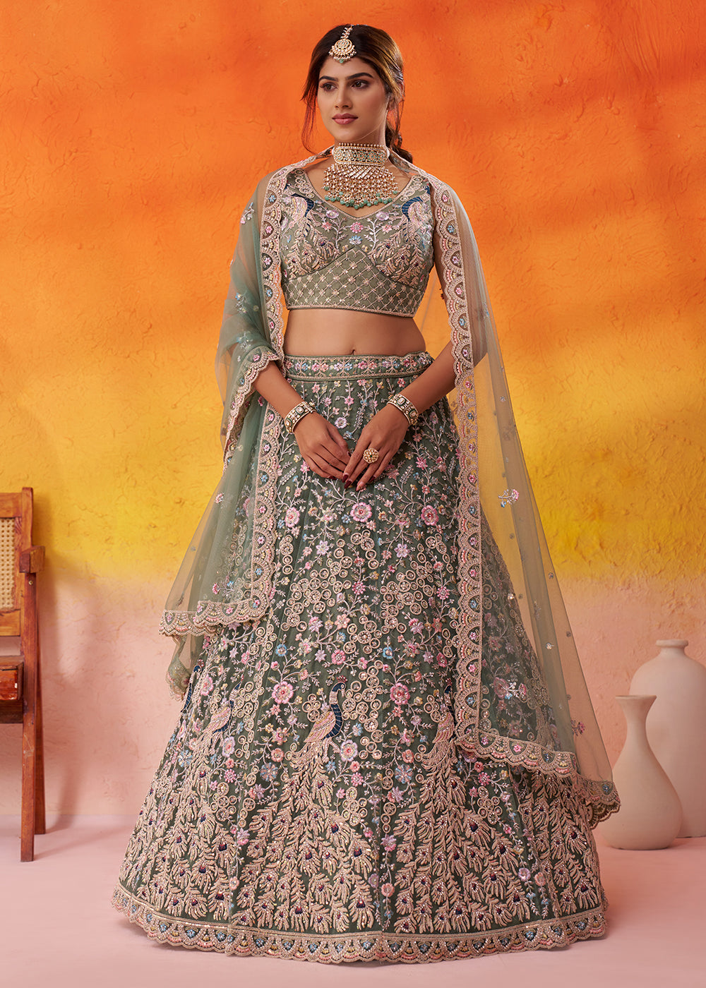 Buy Now Net Embroidered Green Wedding Festive Lehenga Choli Online in US, UK, Canada, France, Germany, Sweden, Greece, Denmark, Spain & Worldwide at Empress.