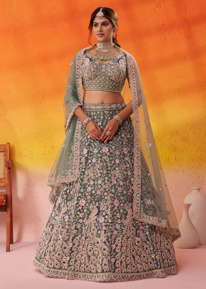 Buy Now Net Embroidered Green Wedding Festive Lehenga Choli Online in US, UK, Canada, France, Germany, Sweden, Greece, Denmark, Spain & Worldwide at Empress.