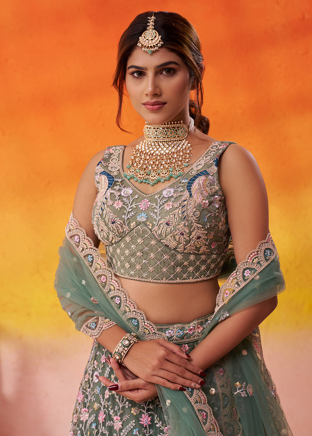 Buy Now Net Embroidered Green Wedding Festive Lehenga Choli Online in US, UK, Canada, France, Germany, Sweden, Greece, Denmark, Spain & Worldwide at Empress.