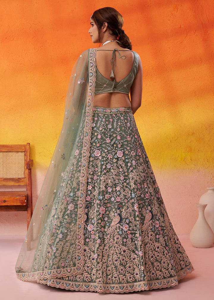 Buy Now Net Embroidered Green Wedding Festive Lehenga Choli Online in US, UK, Canada, France, Germany, Sweden, Greece, Denmark, Spain & Worldwide at Empress.