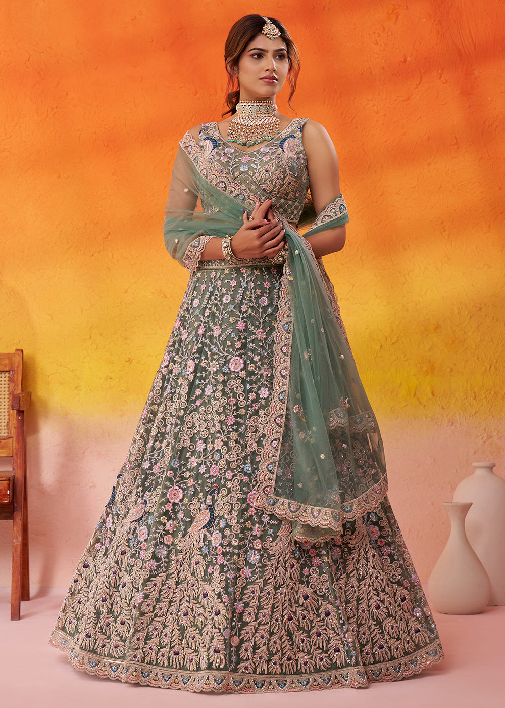 Buy Now Net Embroidered Green Wedding Festive Lehenga Choli Online in US, UK, Canada, France, Germany, Sweden, Greece, Denmark, Spain & Worldwide at Empress.