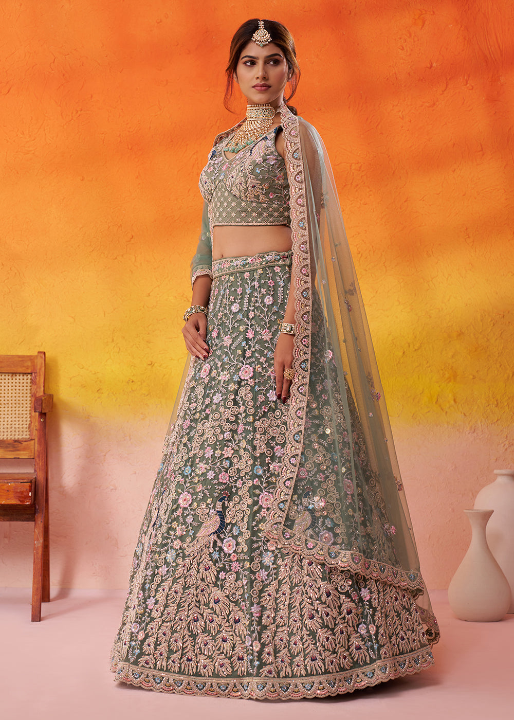 Buy Now Net Embroidered Green Wedding Festive Lehenga Choli Online in US, UK, Canada, France, Germany, Sweden, Greece, Denmark, Spain & Worldwide at Empress.