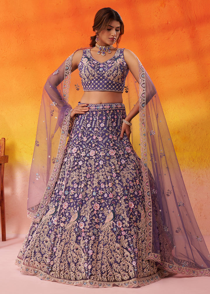 Buy Now Net Embroidered Purple Wedding Festive Lehenga Choli Online in US, UK, Canada, France, Germany, Sweden, Greece, Denmark, Spain & Worldwide at Empress.