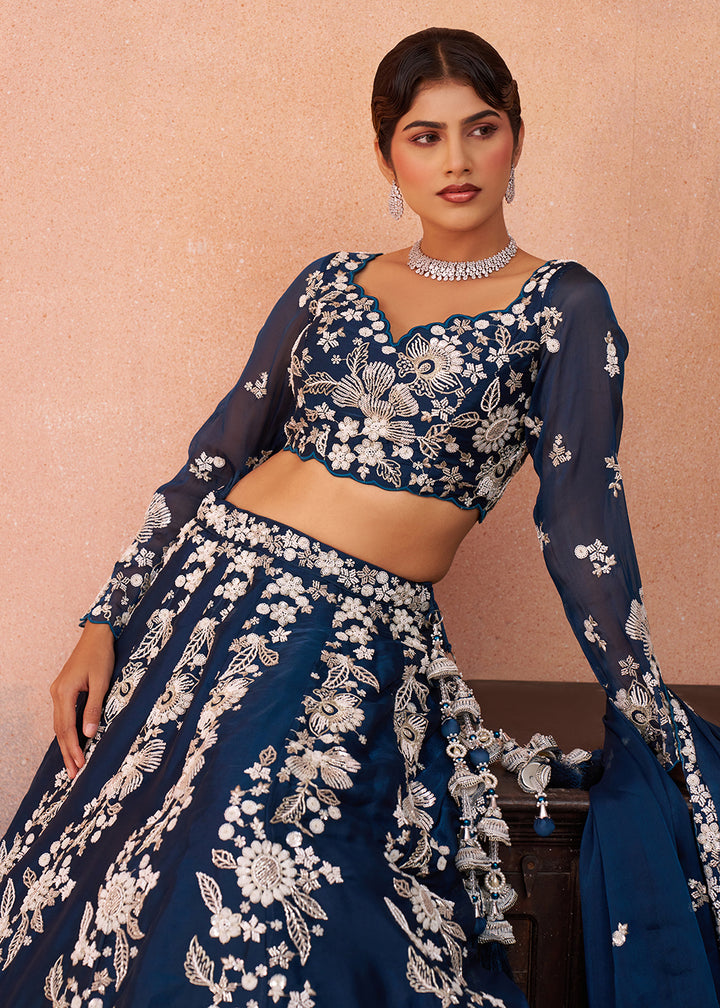 Buy Now Blue Heavy Beads Designer Party Lehenga Choli Online in US, UK, Canada, France, Italy, Germany, Australia, Greece, Sweden, UAE & Worldwide at Empress.
