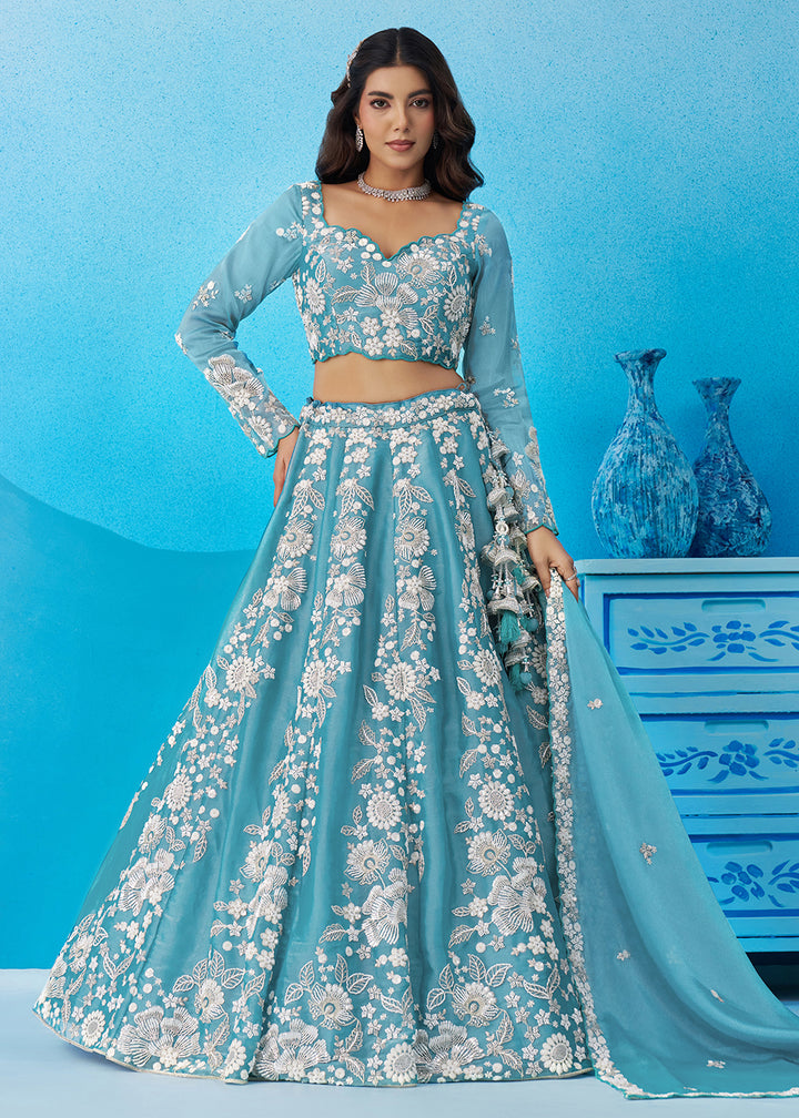 Buy Now Green Heavy Beads Designer Party Lehenga Choli Online in US, UK, Canada, France, Italy, Germany, Australia, Greece, Sweden, UAE & Worldwide at Empress.